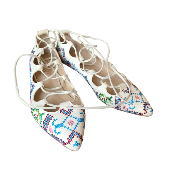 Billy Ella (Anthropologie) Lace Up Embroidered Cross Stitch Canvas Ballet flats - Picture 2 of 7